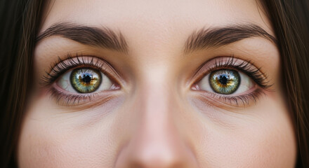 Fototapeta premium Close-up of woman’s eyes reflecting a forest landscape. symbolizing seeing nature through self, environmental soul connection concepts.