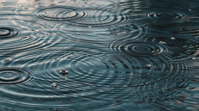 Tranquil Water Surface with Ripple Effects from Raindrops Falling Under Soft Natural Light