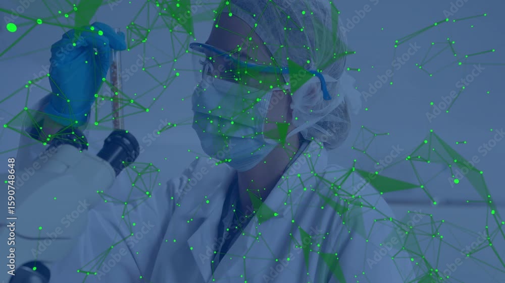 Poster lab scientist gripping test tube then lifting and inspecting by microscope with molecular overlay