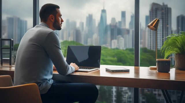 Modern Home Office Setup with Urban View