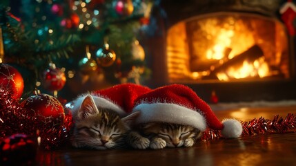 Adorable Kittens Napping in Santa Hats by Cozy Fireplace on Christmas Eve