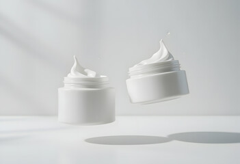 Two pristine, unbranded white face cream jars, one seemingly floating, present luxurious swirls of white cream, conveying purity and dynamic motion.