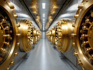 Fototapeta premium symmetrical corridor lined with large, polished golden vault doors on both sides, reflecting light and creating a futuristic, secure environment.