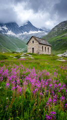 Old stone chapel in an alpine meadow with wildflowers in the Swiss Alps