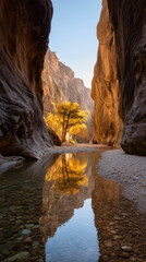 Golden autumn tree illuminated in a desert slot canyon with a river reflection