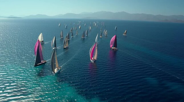 Colorful sailboats racing across calm turquoise waters with distant mountains under clear blue sky during sunny day