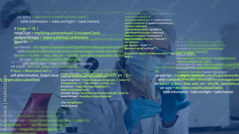 Poster laboratory scientist handling plant sample tube under microscope and analyzing with scrolling code