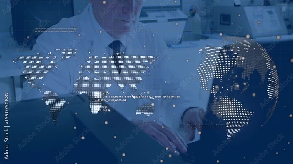 Poster senior man in lab typing commands for data analysis with animated code overlay, adjusting glasses