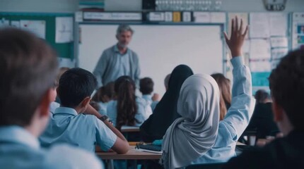 A high school classroom with Muslim students sitting at desks - Powered by Adobe