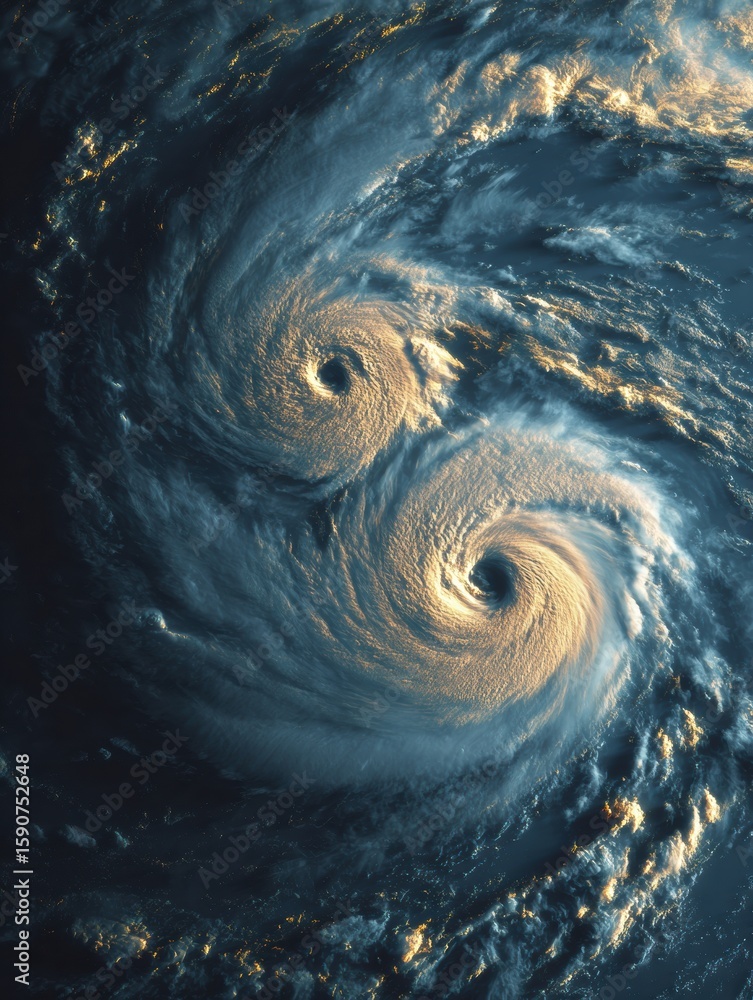 Poster professional predictive hurricane tracking satellite imagery showing dynamic storm paths and cloud f