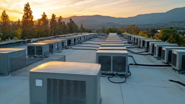 Rooftop AC units at sunset, trees and mountains behind