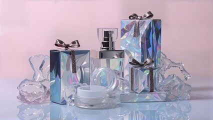 Create a visually striking cosmetic mockup featuring an opalescent packaging design that reflects a chromatic burst of colors. Include intricate textures and multi-dimensional elements that evoke a se