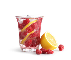Glass of fresh raspberry lemonade on white background
