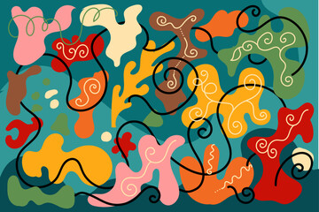 Modern abstract background with organic shapes, swirls, and vibrant colors like yellow, red, pink, and green on teal, ideal for prints, textile design, and creative projects.