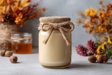 A glass jar filled with creamy honey or condensed milk tied with twine sits on a textured surface with autumn decorations