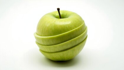 A green apple with a stack of slices on a white background