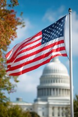 Authentic American Flag Fluttering with US Capitol Dome Premium Government Symbol of National Pride for Modern Marketing and Social Media Campaigns