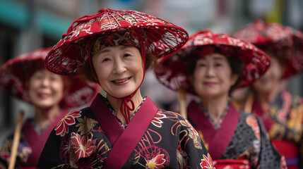 Okinawa World Festival, Festive women in vibrant traditional attire parade, embodying cultural heritage with joyful expression.