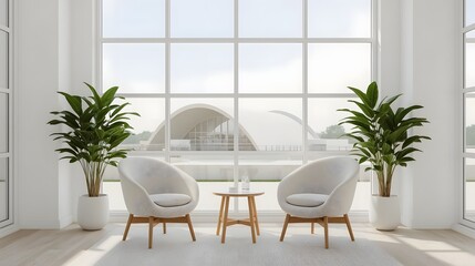 Bright modern lounge area with two elegant armchairs and small wooden table near large glass window, complemented by green potted plants and minimalistic architectural background

