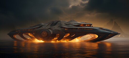 a light manta birostris ship , coming out of the smoke,ai generative
