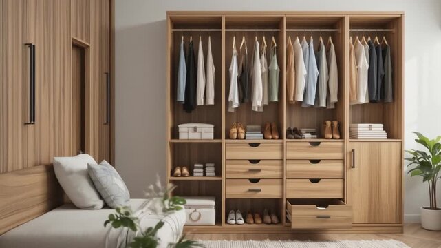 Wooden wardrobe with tiered design, compact home interior storage. Wardrobe with clothes, drawers, shoes, shelves. 4k video