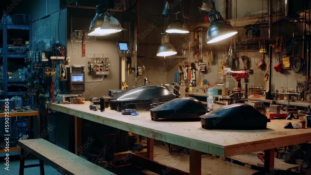 Poster an industrial lab scene showcasing various composite hull prototypes arranged on a workbench surroun