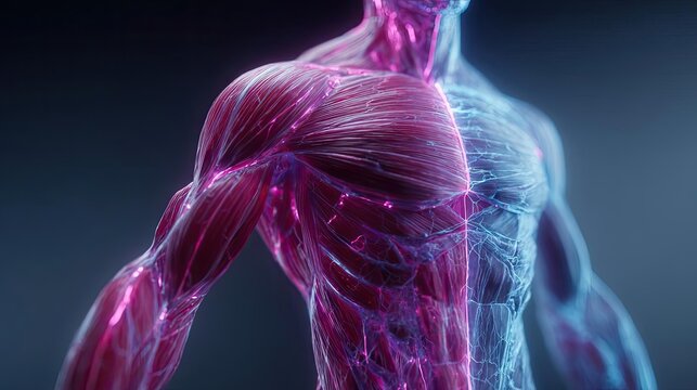 Muscle imbalance with joint stiffness concept. Detailed depiction of human anatomy highlighting muscle structure.