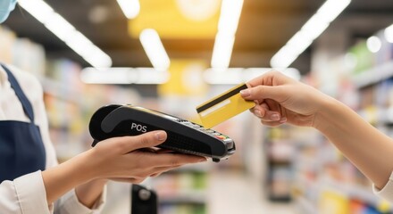 Obraz premium Contactless Payment with Credit Card at Point of Sale Terminal in Supermarket Close up
