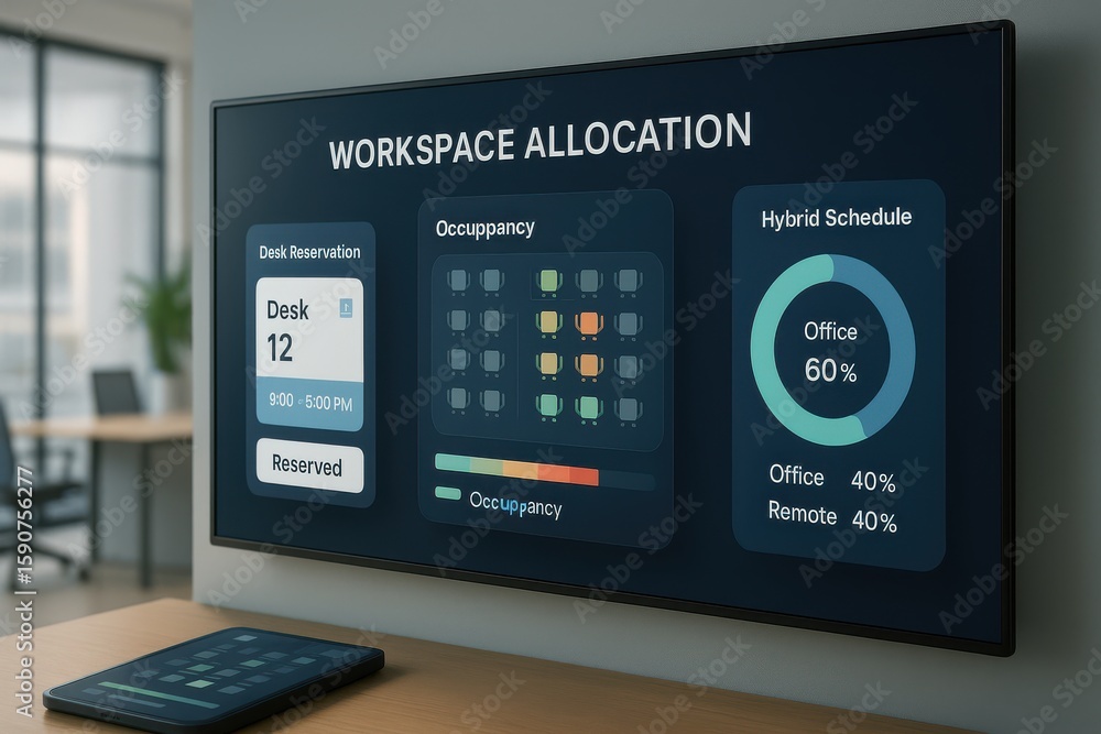 Aufkleber workspace allocation interface showing desk reservation, occupancy heatmap and hybrid work schedule