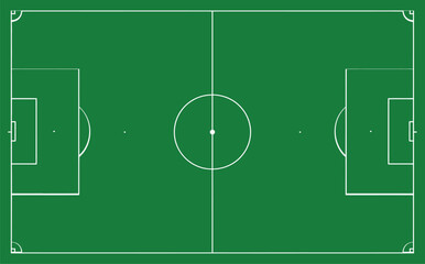 Top down view of a clean empty soccer field with white markings