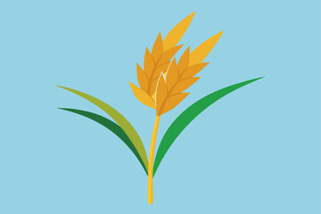 Golden wheat ears with green leaves illustration on a white background