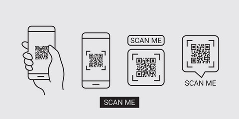 Mobile Phone Scanning QR Code – Hand Holding Smartphone with QR Code Icon – Vector Illustration of Digital Scan Technology

