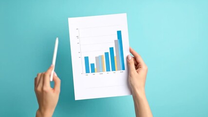 A person holds a sheet with a bar graph, blue-hued bars increasing in height. The background is a solid, light blue