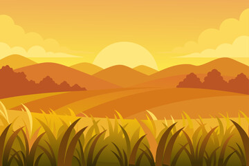 Vibrant summer sunset painting the sky orange and yellow over a green mountain landscape with clouds