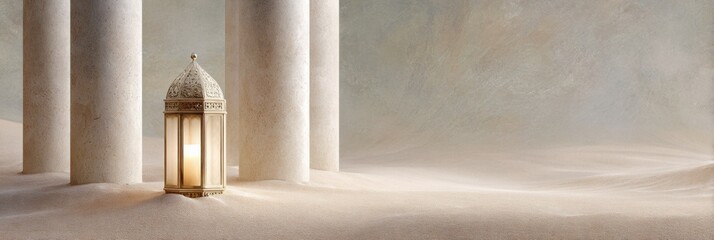 Premium spiritual lantern glowing in desert sand with sacred month patterns modern lifestyle content for mindful branding and cultural marketing campaigns