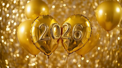 Golden 2026 Foil Balloons floating against a background of festive bokeh lights