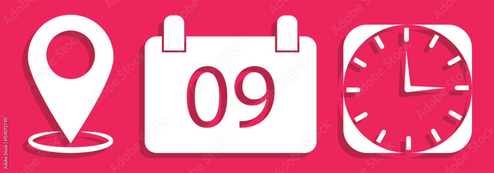 Poster time, date and address icon isolated set. event elements. clock, calendar and map icon vector illust
