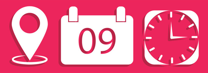 Time, date and address icon isolated set. Event elements. Clock, calendar and map icon vector illustration. calendar, clock, and location symbols for planning and scheduling. eps 10