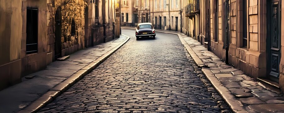 Fototapeta Cobblestone alleyway with vintage car.