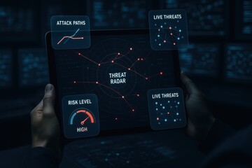 Tablet Interface with Cybersecurity Threat Radar Displaying Live Threats, Attack Paths and High Risk Level
