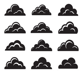 Set of black cloud silhouettes with multiple shapes and sizes for graphic design and illustration