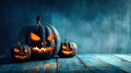 Eerie Halloween Scene with Glowing Jack o Lanterns on a Rustic Wooden Surface in the Dark