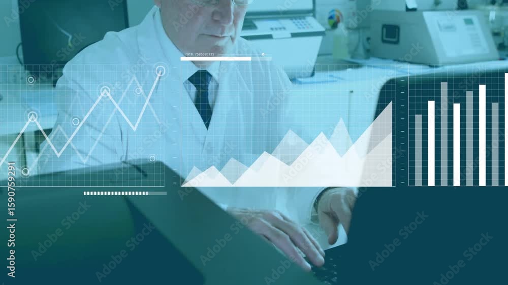 Poster senior male scientist typing and morphing chart into bar graph while studying map data for research