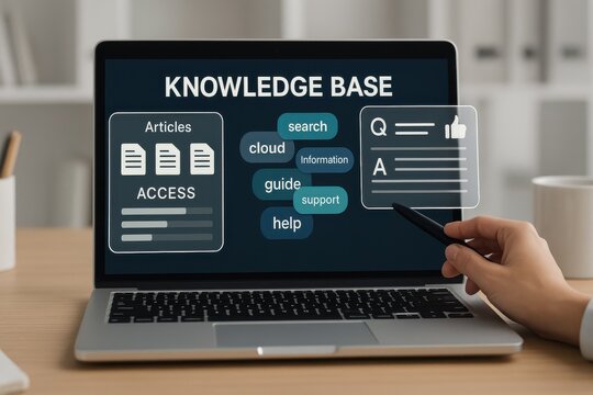 Laptop Interface Displaying Knowledge Base Dashboard with Article Access, Search Function and Support Keywords

