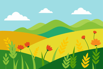 Fototapeta premium A colorful summer landscape vector illustration of a rural countryside with green hills, a vibrant blue sky with clouds, and various flowers in a meadow