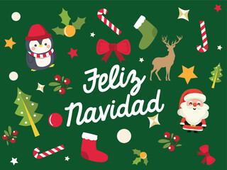 Christmas greeting card with Christmas flower ornaments forming a circle with the greeting Feliz Navidad