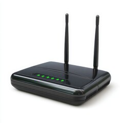 Fototapeta premium Sleek black wireless router with two antennas and glowing green indicator lights on a clean white background