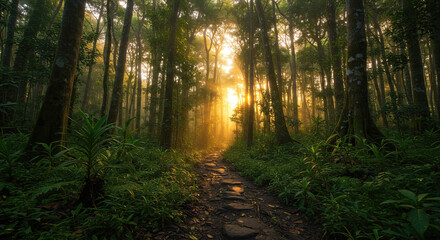 Naklejka premium Tropical rain forest trekking with morning sun light.