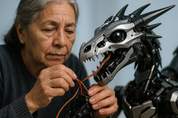 Elderly woman assembling futuristic robotic dragon, focusing on connecting wires and advanced mechanical components
