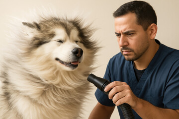 Professional groomer using powerful dryer on fluffy alaskan malamute, focused pet care worker grooming large long haired dog